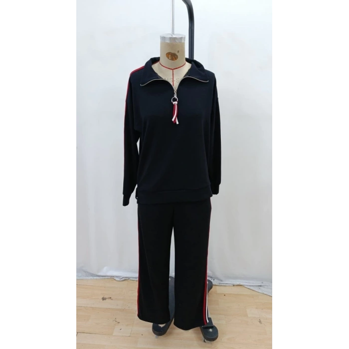 Kadın Uzun Kollu Fermuarlı Viskon Iki Iplik Bluz Ve Pantolon Ikili Takım