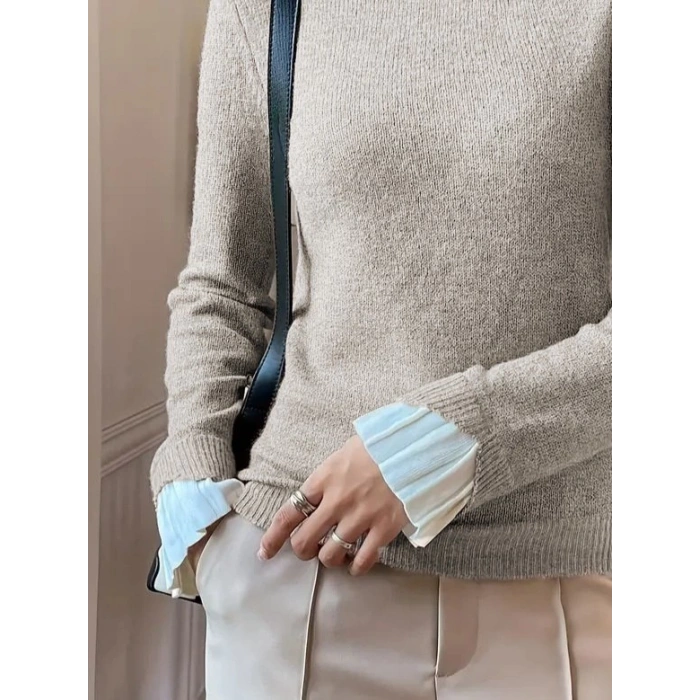 Kadın Uzun Kollu Fırfırlı Yakalı Triko Krem Bluz