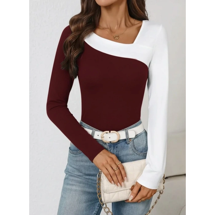 Kadın Uzun Kollu Geometrik Yaka Detaylı çift Renkli Viskon Bluz