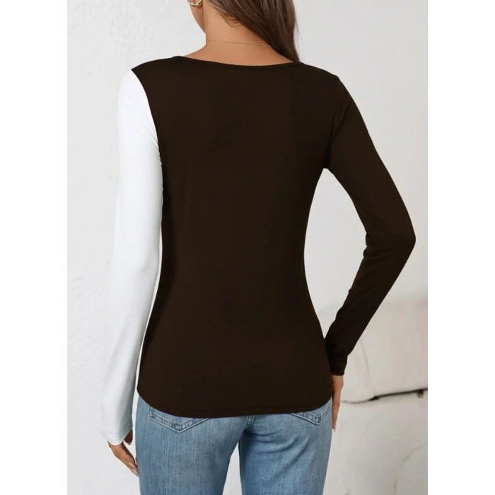 Kadın Uzun Kollu Geometrik Yaka Detaylı çift Renkli Viskon Bluz