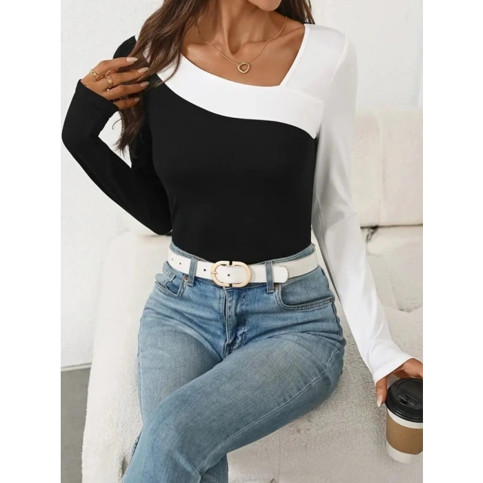 Kadın Uzun Kollu Geometrik Yaka Detaylı çift Renkli Viskon Bluz