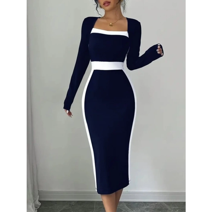 Kadın Uzun Kollu Geometrik Yaka Midi Ithal Krep Elbise