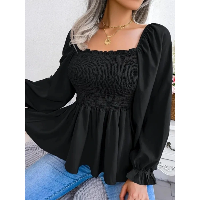 Kadın Uzun Kollu Geometrik Yakalı Gipe Detaylı Krep Bluz