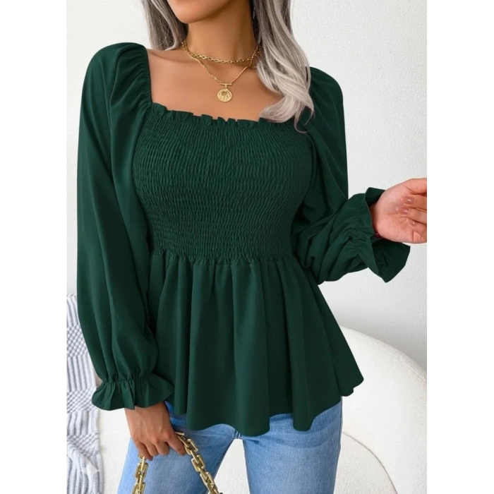 Kadın Uzun Kollu Geometrik Yakalı Gipe Detaylı Krep Bluz