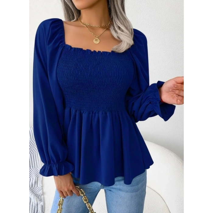 Kadın Uzun Kollu Geometrik Yakalı Gipe Detaylı Krep Bluz