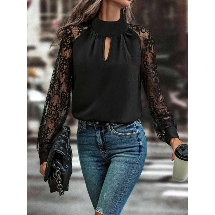 Kadın Uzun Kollu Göğüs Pencere Detay Yaka Boğazlı Kolları Tüllü Sandy Bluz