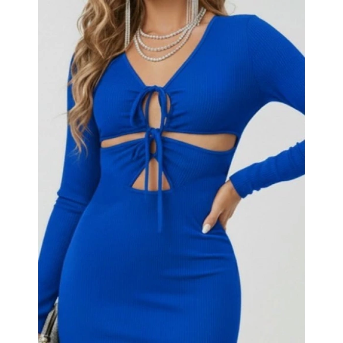 Kadın Uzun Kollu Göğüs Ve Göbek Dekolte Detay Sandy Midi Boy Elbise