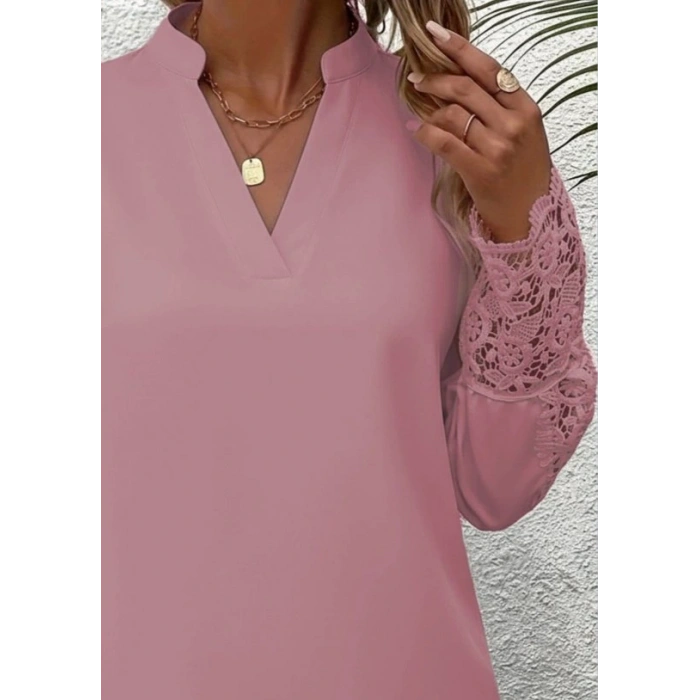 Kadın Uzun Kollu Hakim Yaka Kolları Dantel Detaylı Ithal Krep Bluz