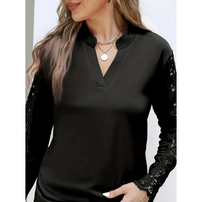 Kadın Uzun Kollu Hakim Yaka Kolları Dantel Detaylı Ithal Krep Bluz