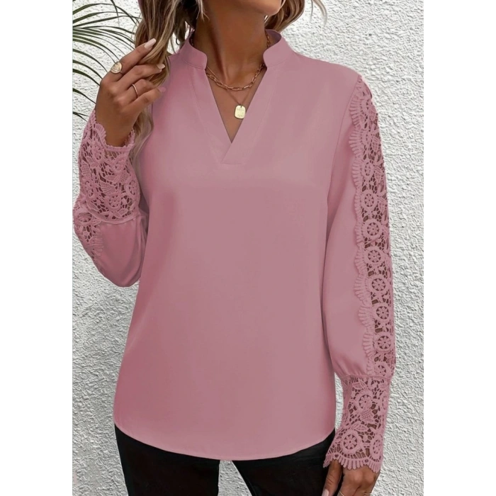 Kadın Uzun Kollu Hakim Yaka Kolları Dantel Detaylı Ithal Krep Bluz