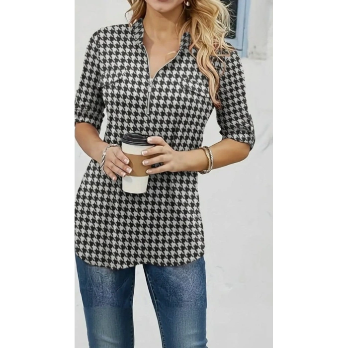 Kadın Uzun Kollu Hakim Yaka Yakadan Fermuarlı Geometrik Desenli Süprem Bluz