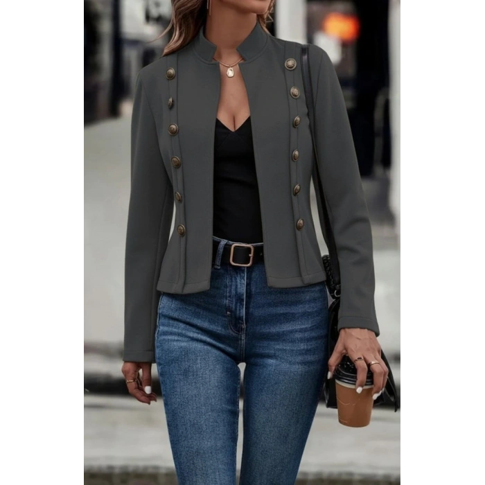 Kadın Uzun Kollu Hakim Yaka Yanlardan Düğmeli Kısa Süet Ceket