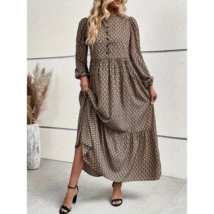 Kadın Uzun Kollu Hakim Yakalı Düğmeli Kemersiz Desenli Maxi Süprem Elbise