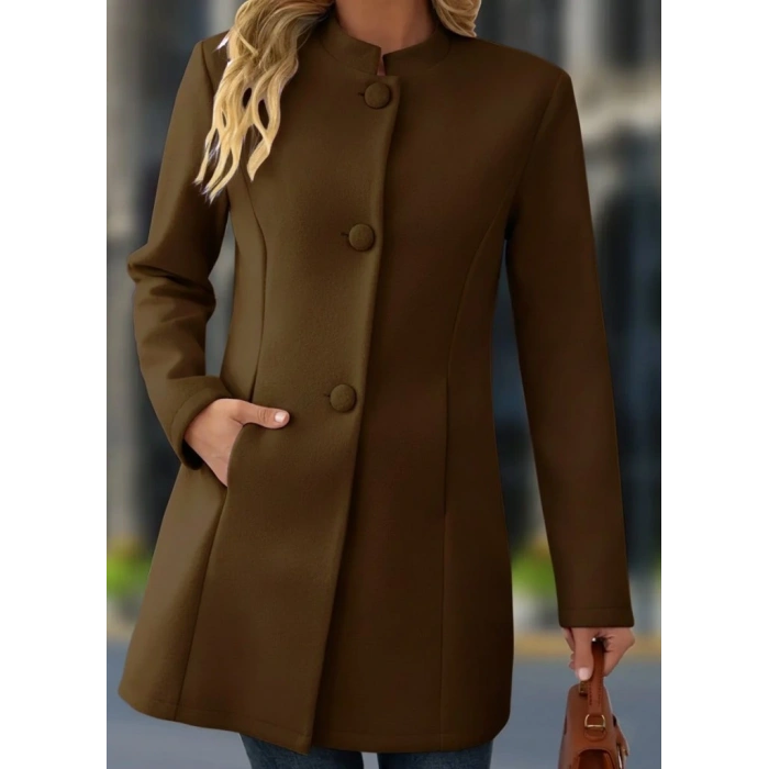 Kadın Uzun Kollu Hakim Yakalı önden Düğmeli Cep Detaylı Kısa Taba Kaşe Kaban