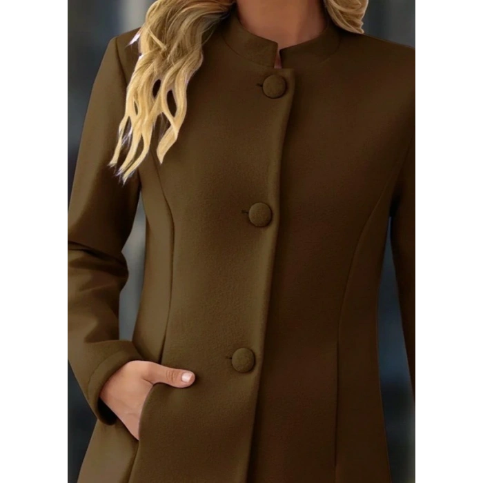 Kadın Uzun Kollu Hakim Yakalı önden Düğmeli Cep Detaylı Kısa Taba Kaşe Kaban