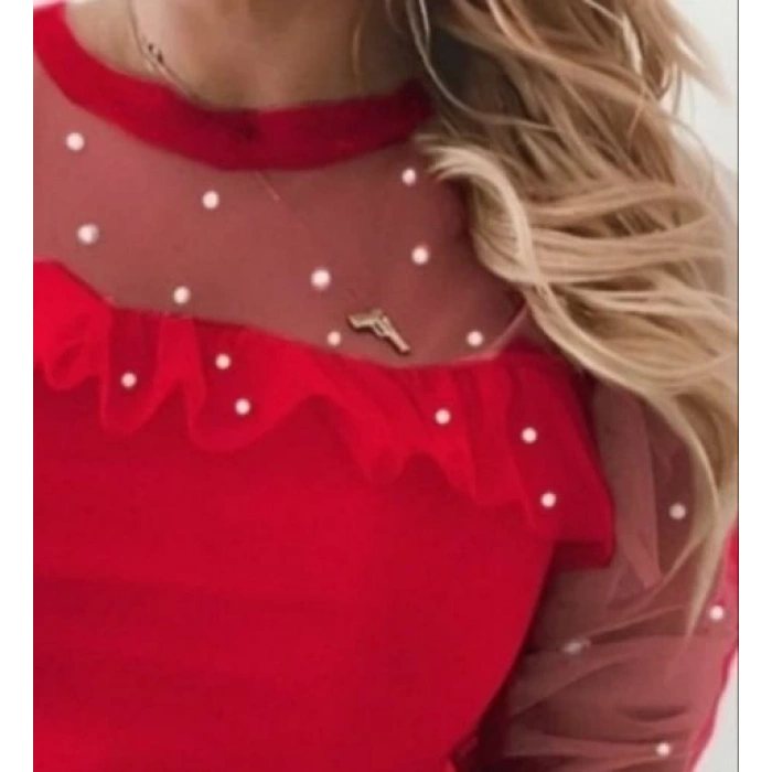 Kadın Uzun Kollu Inci Detaylı Tüllü Viskon Bluz