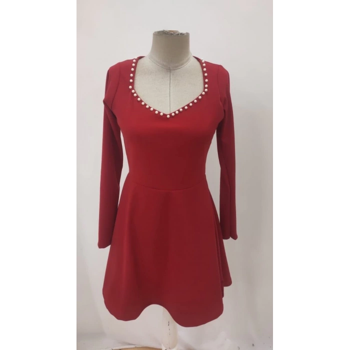 Kadın Uzun Kollu Inci Yakalı Kısa Ithal Krep Elbise