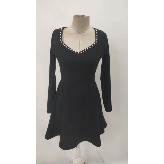 Kadın Uzun Kollu Inci Yakalı Kısa Ithal Krep Elbise