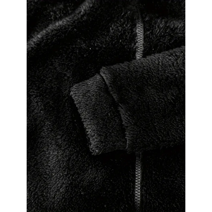 Kadın Uzun Kollu Kapişon Ve Fermuar Detaylı Peluş şort Tulum