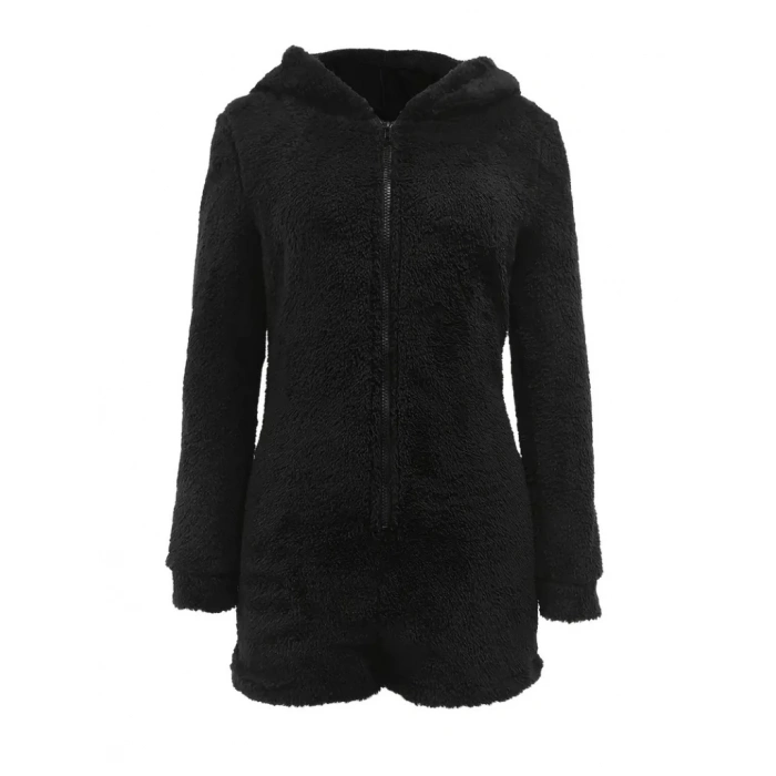 Kadın Uzun Kollu Kapişon Ve Fermuar Detaylı Peluş şort Tulum