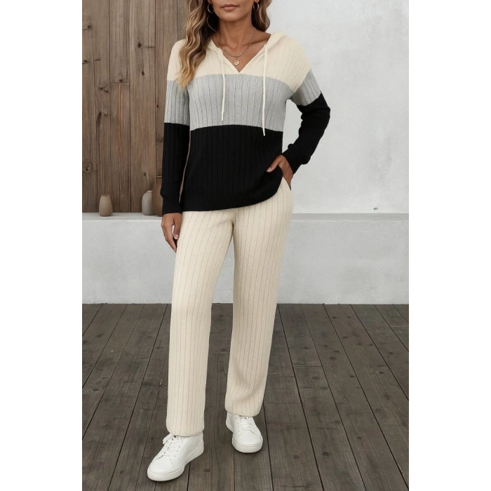 Kadın Uzun Kollu Kapşonlu Bağcıklı Blok Renkli şardonlu Kaşkorse Bluz Ve Pantolon Ikili Takım
