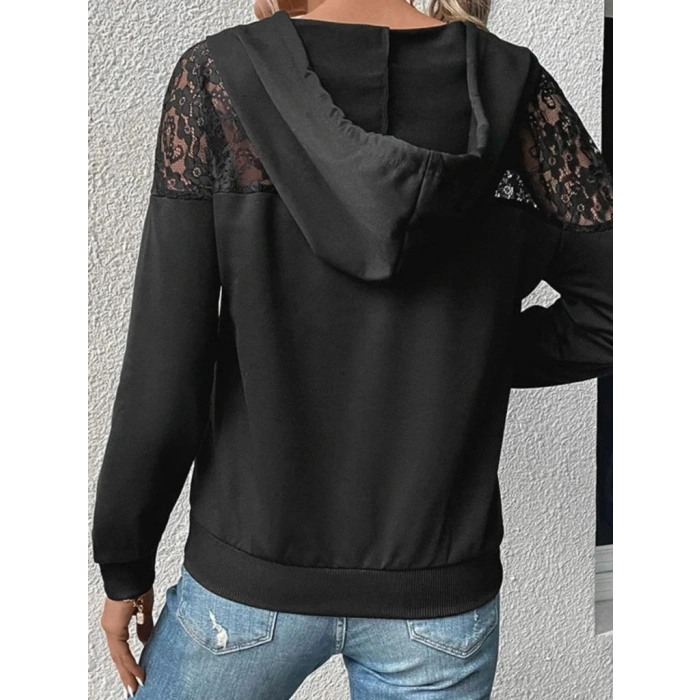 Kadın Uzun Kollu Kapşonlu Bağcıklı Dantelli Viskon Iki Iplik Bluz
