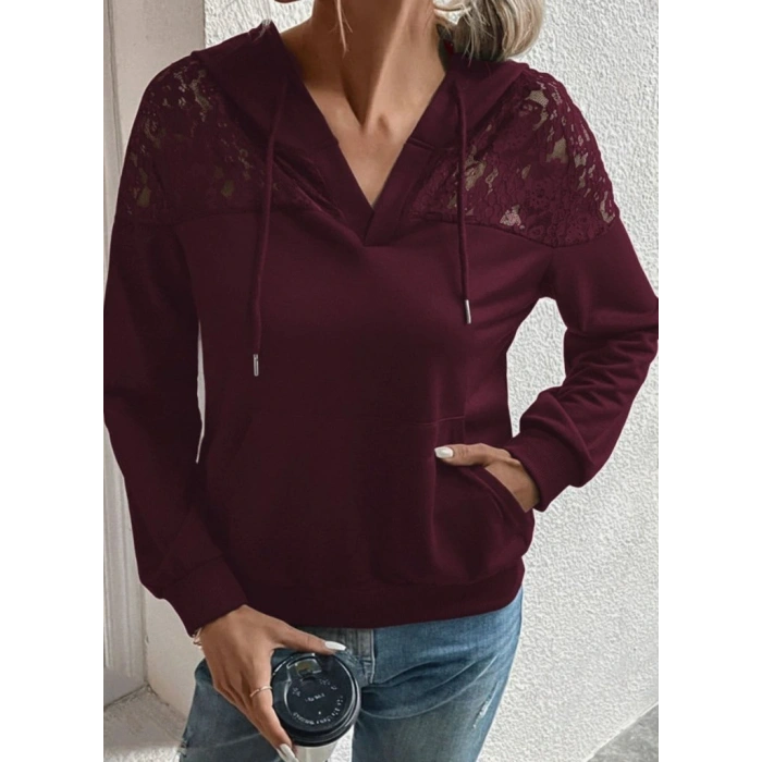 Kadın Uzun Kollu Kapşonlu Bağcıklı Dantelli Viskon Iki Iplik Bluz