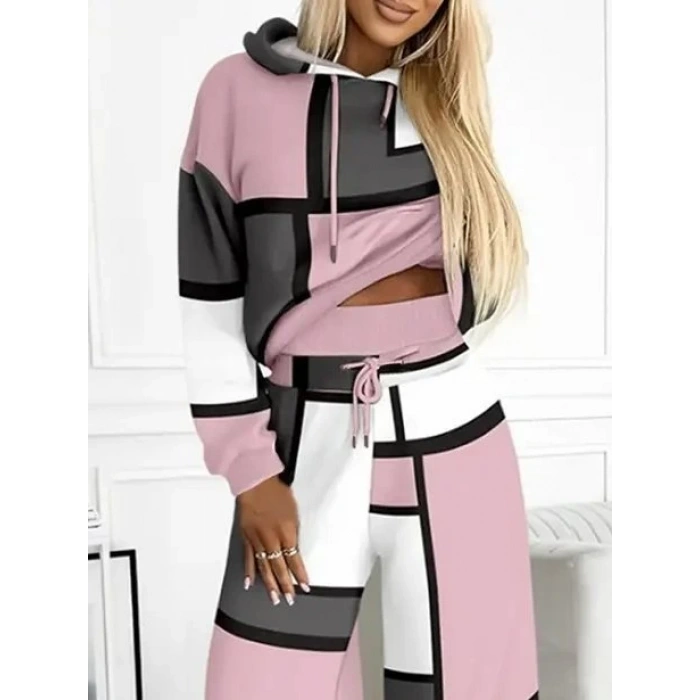 Kadın Uzun Kollu Kapşonlu Bağcıklı Desenli Iki Iplik Bluz Ve Pantolon Ikili Takım