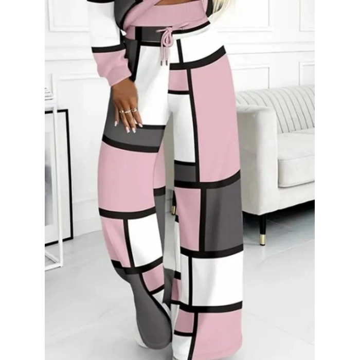 Kadın Uzun Kollu Kapşonlu Bağcıklı Desenli Iki Iplik Bluz Ve Pantolon Ikili Takım