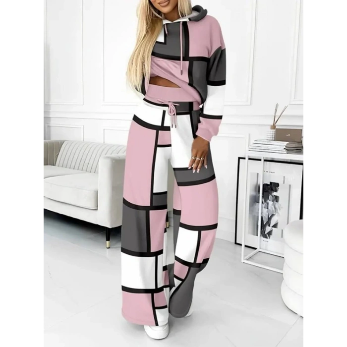 Kadın Uzun Kollu Kapşonlu Bağcıklı Desenli Iki Iplik Bluz Ve Pantolon Ikili Takım