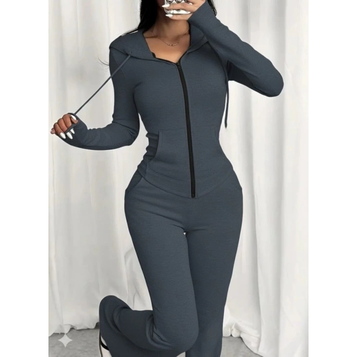 Kadın Uzun Kollu Kapşonlu Bağcıklı önü Fermuarlı Viskon Iki Iplik Bluz Ve Pantolon Ikili Takım