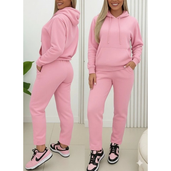 Kadın Uzun Kollu Kapşonlu Bağcıklı üç Iplik Bluz Ve Pantolon Ikili Takım