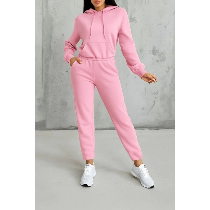 Kadın Uzun Kollu Kapşonlu Bağcıklı üç Iplik Bluz Ve Pantolon Ikili Takım