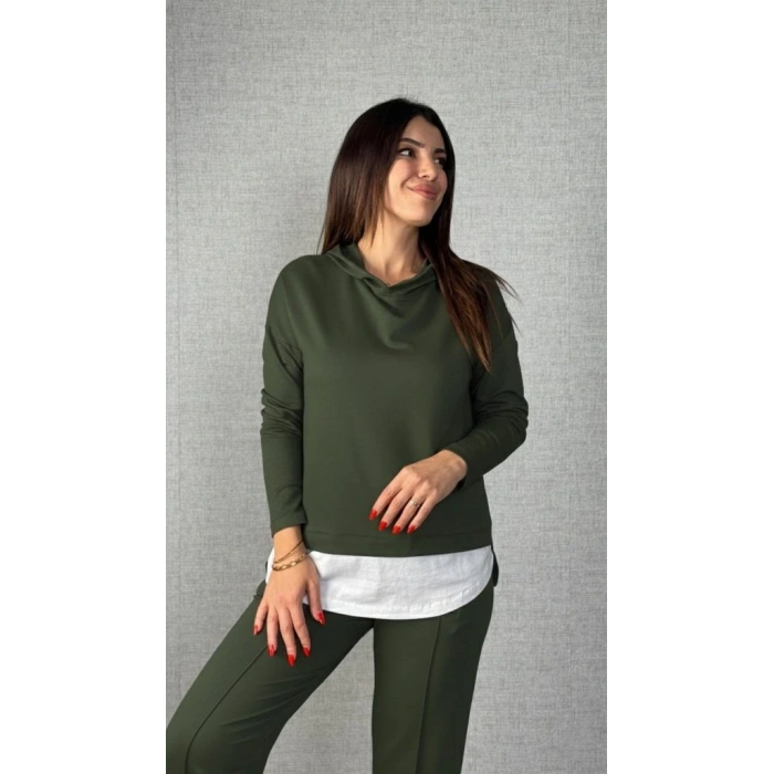 Kadın Uzun Kollu Kapşonlu Bağcıklı Viskon Iki Iplik Bluz Ve Pantolon Ikili Takım