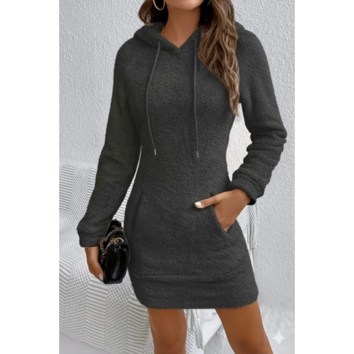 Kadın Uzun Kollu Kapşonlu Cepli Mini Peluş Elbise