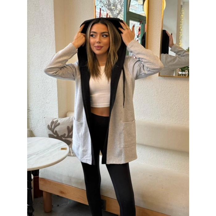 Kadın Uzun Kollu Kapşonlu çift Renkli şardonlu Iki Iplik Ceket