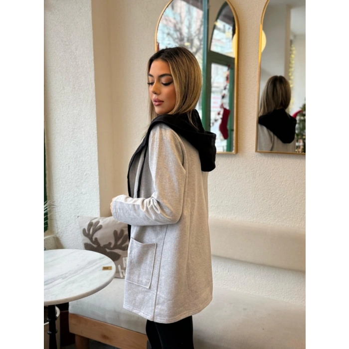 Kadın Uzun Kollu Kapşonlu çift Renkli şardonlu Iki Iplik Ceket