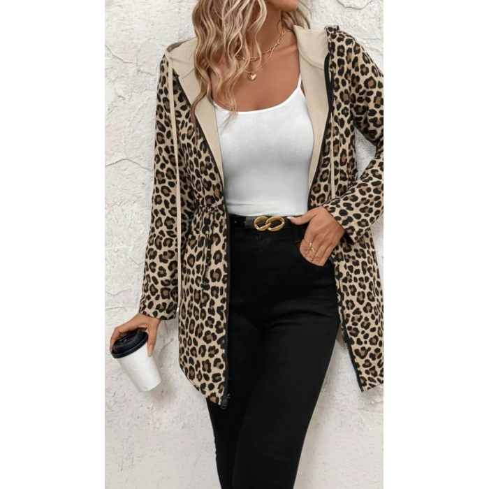 Kadın Uzun Kollu Kapşonlu çift Taraflı Cepli Bağcıklı Fermuarlı Viskon Iki Iplik Ceket