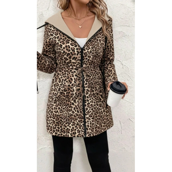 Kadın Uzun Kollu Kapşonlu çift Taraflı Cepli Bağcıklı Fermuarlı Viskon Iki Iplik Ceket