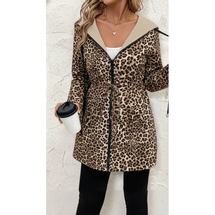 Kadın Uzun Kollu Kapşonlu çift Taraflı Cepli Bağcıklı Fermuarlı Viskon Iki Iplik Ceket