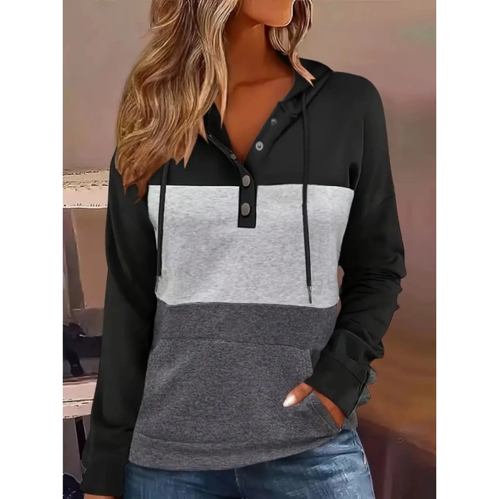 Kadın Uzun Kollu Kapşonlu çok Renkli Iki Iplik Bluz