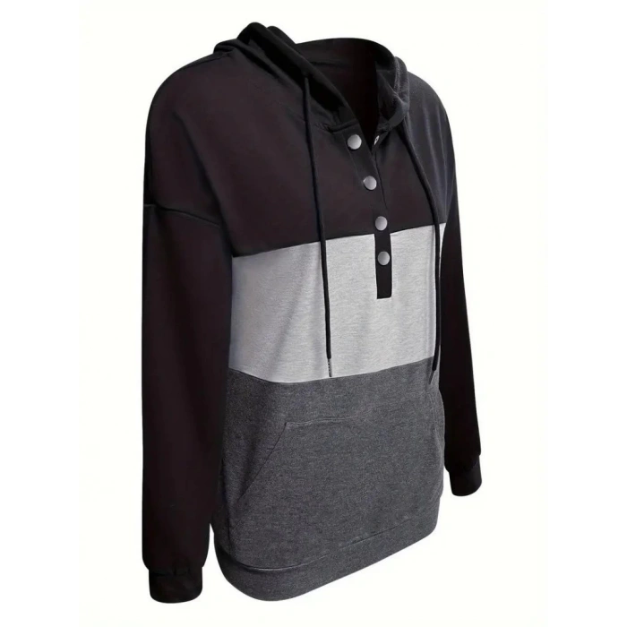 Kadın Uzun Kollu Kapşonlu çok Renkli Iki Iplik Bluz