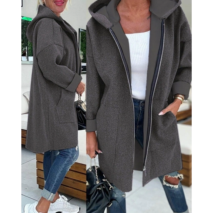 Kadın Uzun Kollu Kapşonlu Fermuar Detaylı Cepli Uzun üç Iplik Ceket