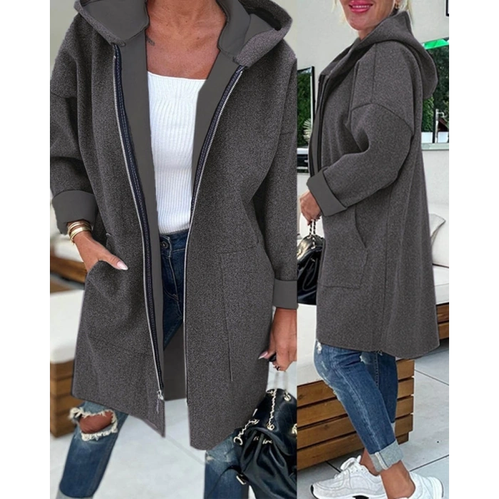 Kadın Uzun Kollu Kapşonlu Fermuar Detaylı Cepli Uzun üç Iplik Ceket