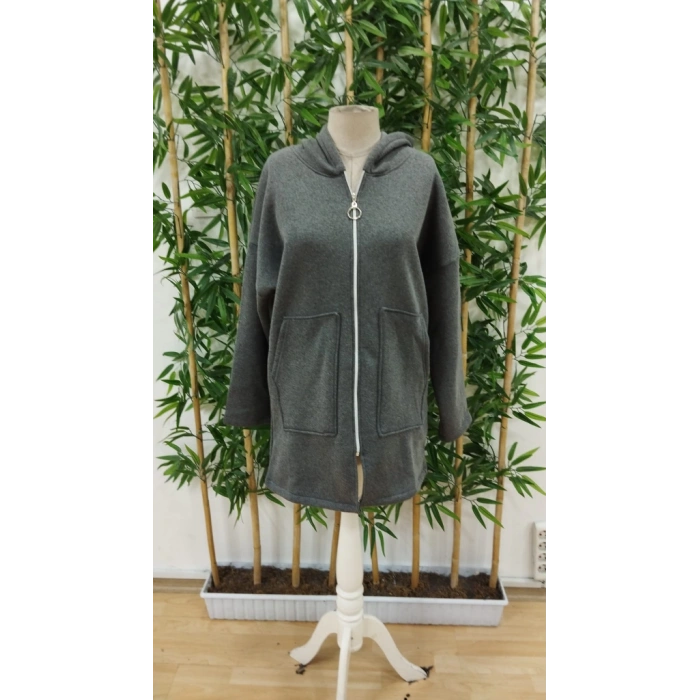 Kadın Uzun Kollu Kapşonlu Fermuar Detaylı Cepli Uzun üç Iplik Ceket