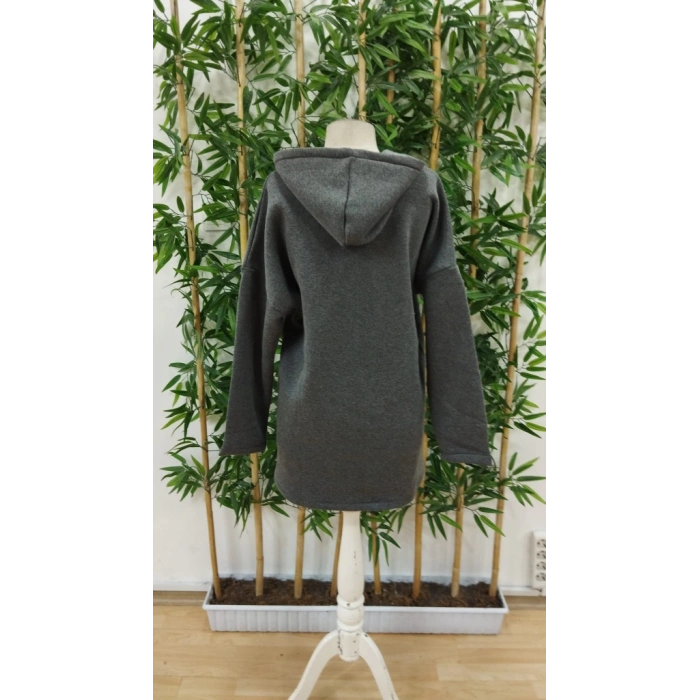 Kadın Uzun Kollu Kapşonlu Fermuar Detaylı Cepli Uzun üç Iplik Ceket