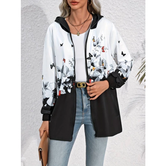 Kadın Uzun Kollu Kapşonlu Fermuarlı çiçek-kelebek Desenli şardonlu Dalgıç Ceket