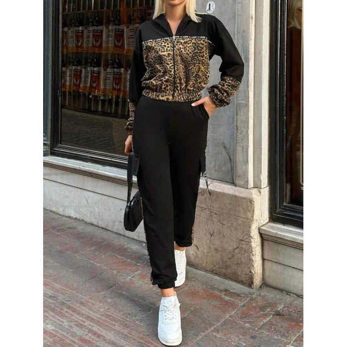 Kadın Uzun Kollu Kapşonlu Leopar Desenli Viskon Iki Iplik Bluz Ve Pantolon Ikili Takım