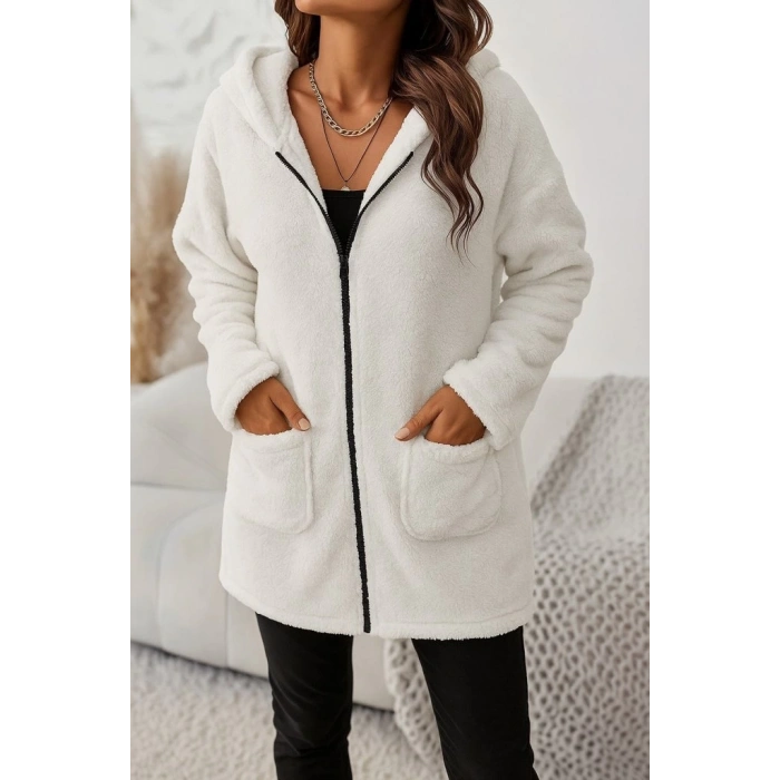Kadın Uzun Kollu Kapşonlu önden Fermuarlı Cepli Welsoft Ceket
