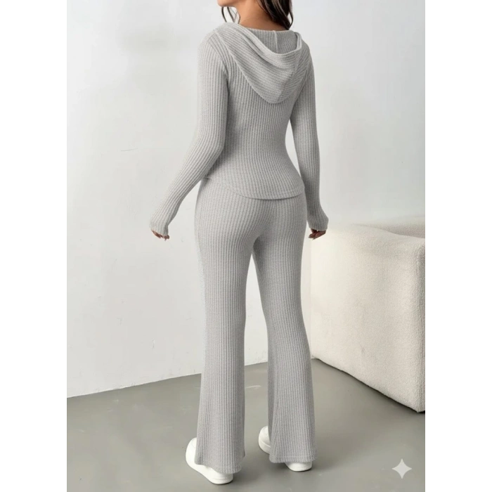 Kadın Uzun Kollu Kapşonlu önden Fermuarlı Kaşkorse Bluz Ve Pantolon Ikili Takım